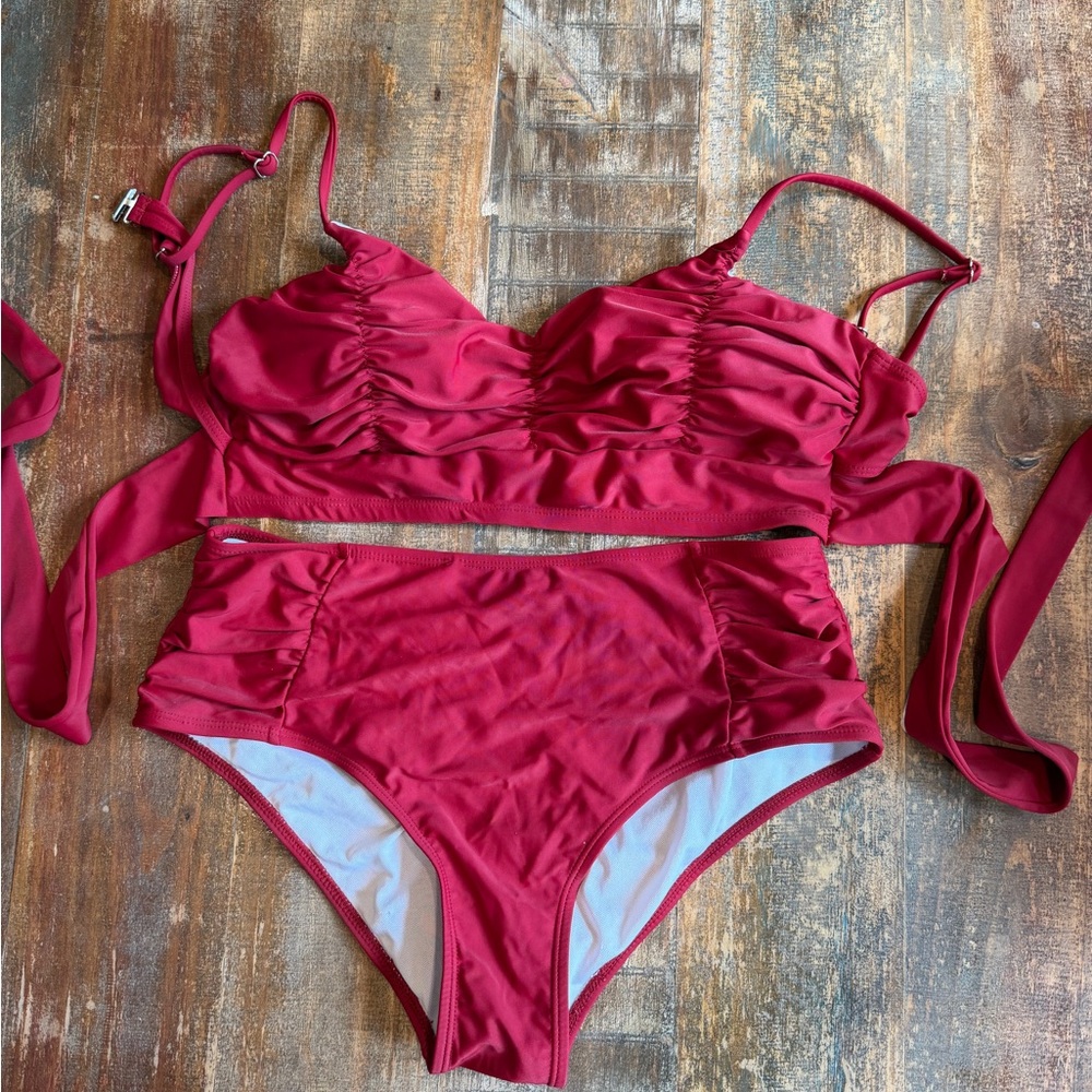 Ruched High-Waist Bikini Set in Deep Raspberry